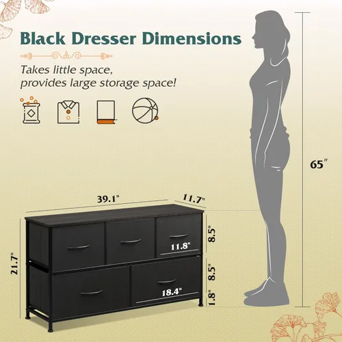 Miniatura 3 de WLIVE Cómoda para dormitorio con 5 cajones, cómoda ancha, cómoda de tela, unidad organizadora de almacenamiento con contenedores de tela para Negro