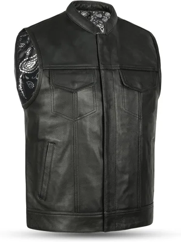 Leatherick Mens Black Motorcycle Vests - Top Grain Cow Leather SOA Club & Traditional Paisley Satin Liner Leather Biker Vests Cachemira blanca (con