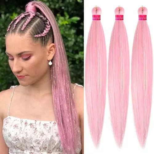 Miniatura 43 de Cabello trenzado verde con lentejuelas de 26 pulgadas, preestirado, trenzas de textura Yaki, extensiones de cabello pre plumadas, 3 paquetes, fácil