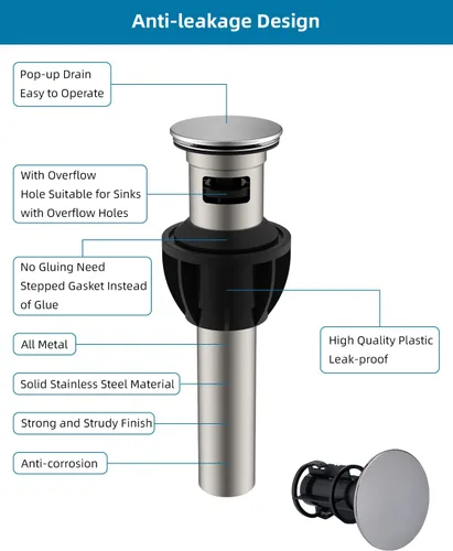 Miniatura 3 de Hibbent Paquete de 2 Desagües de Lavabo de Baño de Metal con Rebosadero, Tapón Emergente Desmontable, Colador de Lavabo de Tocador de Acero Acabado