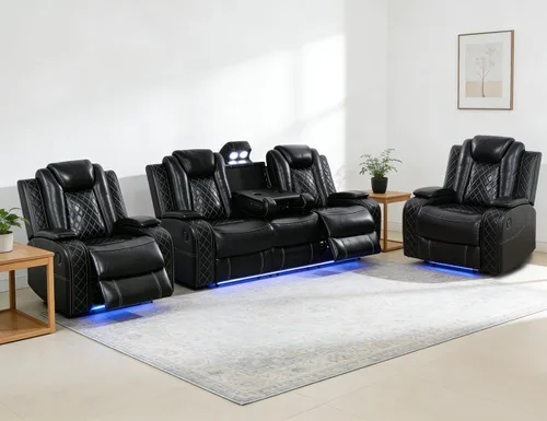 Miniatura 40 de Juego de Sofá Reclinable Eléctrico, Juego de Sofá y Sillón Reclinable de Cuero Negro, Juegos de Muebles de Sala de Estar, Sofá de Dos Plazas