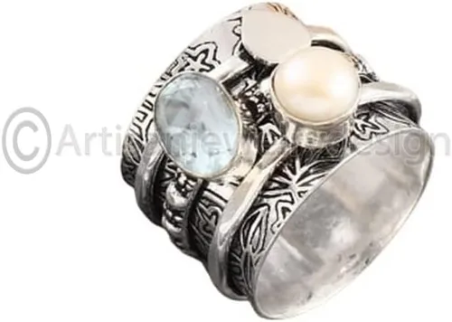 Miniatura 2 de Natural Pearl Silver Ring, Handmade Spinner Jewelry, Blue Topaz Fidget Ring, Chunky Statement Ring, Boho Ring for Women, Gift for Her