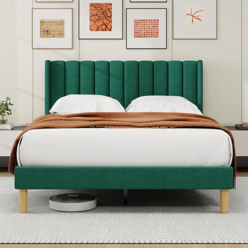 Miniatura 15 de alazyhome - Marco de cama tapizado de plataforma tamaño Queen con cabecera, soporte de listones de madera, sin ruido, fácil montaje, terciopelo beige