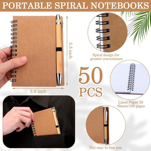Miniatura 2 de Engrowtic Juego de 50 cuadernos con bolígrafo, regalos de agradecimiento a granel, cuadernos de bolsillo de papel kraft en espiral, diario forrado