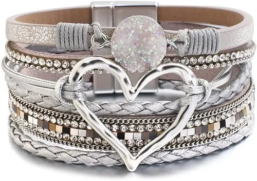 Miniatura 2 de Caiyao Pulsera de cuero para mujer, pulsera de cuentas con decoración en forma de corazón, pulsera de cristal bohemio con cierre magnético, pulsera