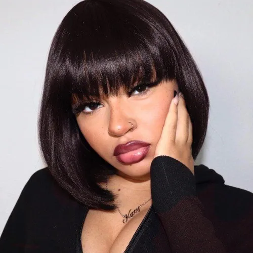 Miniatura 16 de ToyoTress Peek-a-boo Peluca de color Bob con flequillo, 8 pulgadas, mezcla de negro y marrón, pelucas Bob de corte romo, para mujeres negras, SH30
