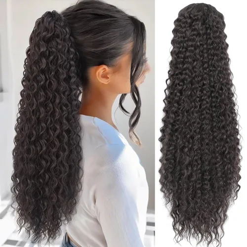 Miniatura 14 de Matriarchs Extensión de cola de caballo corta y rizada con cordón para mujer, pieza de cabello sintético largo afro rizado esponjoso para uso diario