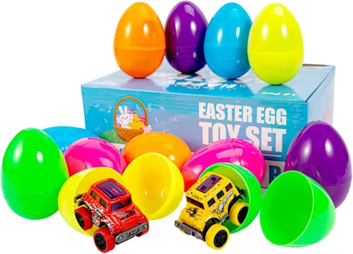 Miniatura 5 de Paquete de 12 huevos de Pascua rellenos con autos de aleación para niños de 3 a 6 años, vehículos monstruos de retroceso juguetes para recuerdos