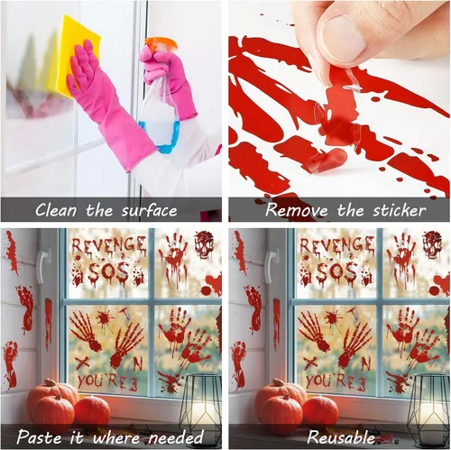 Miniatura 3 de 126 calcomanías de decoración de Halloween, 12 hojas de Halloween para ventana, pared, piso, huellas de manos sangrientas, calcomanías de huellas