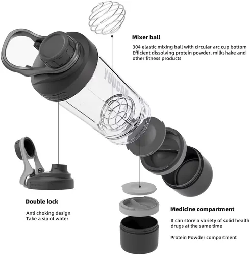 Miniatura 2 de Botella agitadora de proteínas de 21 onzas con contenedor de almacenamiento de polvo, tazas agitadoras para batidos de proteínas, botella para antes