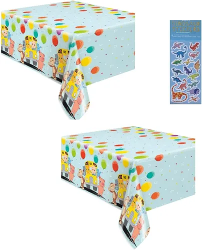 Cocomelon - Paquete de suministros de decoración para fiesta de cumpleaños, incluye 2 manteles rectangulares de plástico y 1 hoja de calcomanías de