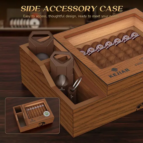 Miniatura 3 de KEJIAR Humidor de puros, estuche de escritorio de cedro con tapa de vidrio con 2 cajas de accesorios de humidor lateral con cortador de puros