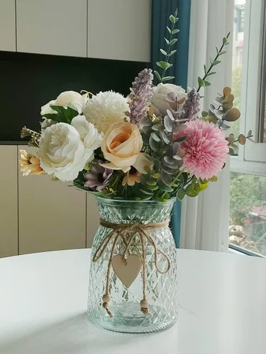 Miniatura 3 de Flores artificiales con jarrón, flores de peonía de seda sintética para decoración del hogar, flores artificiales con jarrón para decoración de mesa