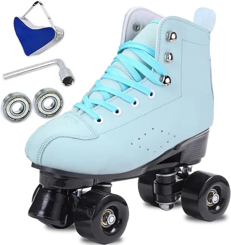 Miniatura 11 de Patines para mujer y hombre de caña alta en negro, de cuero sintético clásico, patines de doble fila ajustables para interiores y exteriores