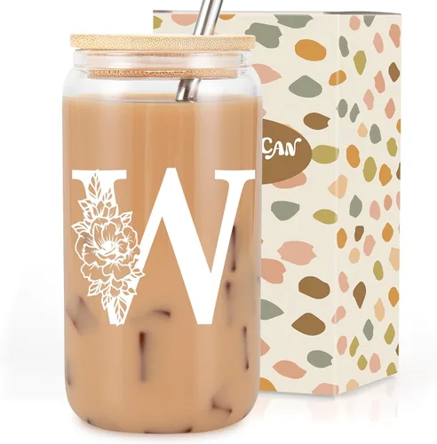 Miniatura 25 de Taza de Vidrio Inicial Coolife, Regalos Personalizados para Mujeres, Tazas de Vidrio de 16 oz con Tapas y Popotes, Taza para Café Helado, Licuado