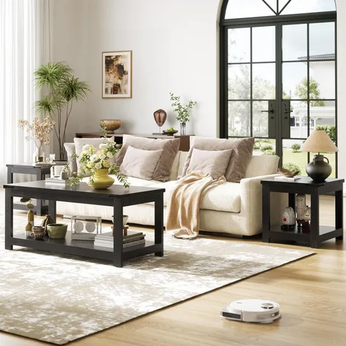 Miniatura 3 de Homieasy Mesa auxiliar negra, mesa auxiliar cuadrada de 20 x 20 pulgadas para sala de estar, mesa decorativa grande de madera con estante