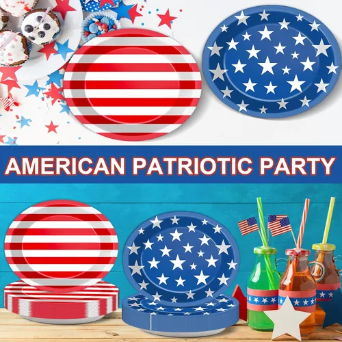 Miniatura 6 de Qyeahkj Juego de 50 platos de papel ovalados patrióticos grandes de 11 pulgadas, desechables, 4 de julio, bandera estadounidense, decoraciones