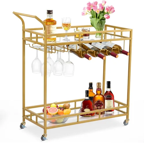 GAOMON Carrito de bar grande dorado, carrito de servicio de bar en casa, carrito de vino con 2 estantes espejados, soportes para vino, soportes de