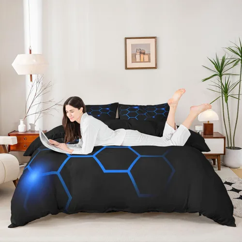 Miniatura 4 de Juego de funda de edredón hexagonal geométrica de panal de abeja, funda de edredón hexagonal moderna para niños, niños, niñas, azul neón, negro