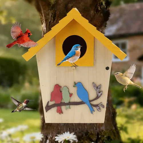 Miniatura 12 de Casas de madera para pájaros para exteriores, casa de pájaros de madera amarilla para exteriores, tulipanes pintados a mano, casas de pájaros