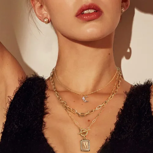Miniatura 6 de MJartoria Collares con inicial en capas para mujer, a la moda, chapado en oro de 14 quilates, gargantilla de estrella simple, collar con dije