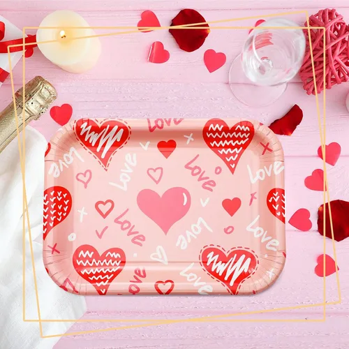 Miniatura 7 de Ziliny 24 platos de papel desechables con forma de corazón, bandejas rectangulares de 13 x 9 pulgadas, bandejas grandes para servir para bodas, Rosa