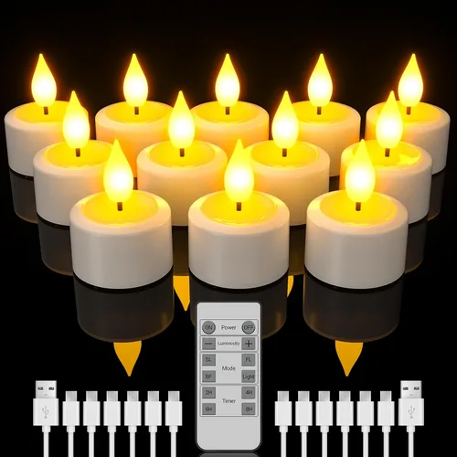 SoulBay Velas de té recargables con control remoto, 12 piezas de velas LED sin llama parpadeantes con temporizador y cable de carga USB, sin