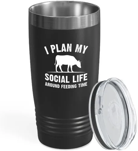 Dairy Farmer - Vaso vikingo negro de 20 onzas – I Plan My Social Life – Farmhouse Country Boy Girl Tractor Flower Valley Backyard Cluck Hens Barn