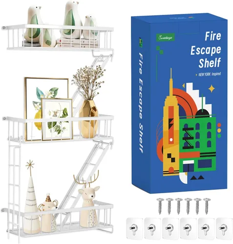 Miniatura 11 de SweetSage Estante de Pared para Salida de Emergencia - Estante Decorativo de Escalera de Nueva York, Estante Flotante de Arte de Pared en Metal Negro