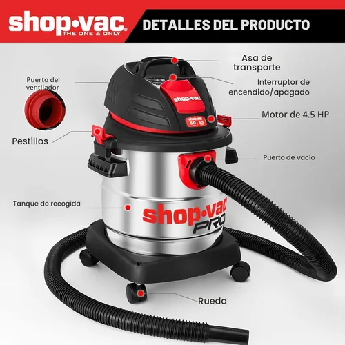 Miniatura 4 de Shop-Vac Aspiradora húmeda/seca de 5 galones y 4.5 HP de pico, tanque de acero inoxidable, aspiradora de taller portátil con filtro, manguera