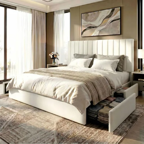 Miniatura 16 de SHA CERLIN Base de cama de plataforma tamaño matrimonial con 4 cajones de almacenamiento, cabecera acolchada vertical con diseño acanalado