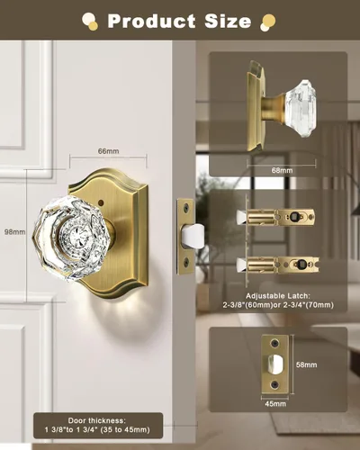 Miniatura 8 de Gobrico Juego de pomos de puerta de vidrio transparente para interiores, cerradura de puerta de cristal de diamante de privacidad en latón antiguo