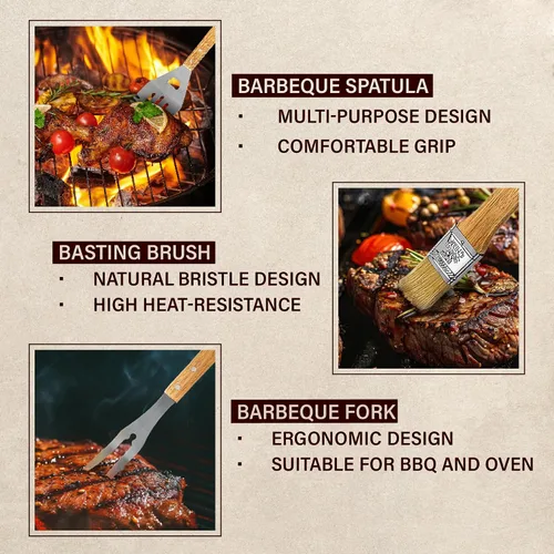 Miniatura 7 de Juego de parrilla BBQ de 11 piezas con caja de madera de arce grabada, herramientas de barbacoa de acero inoxidable premium con mangos de madera