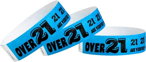 500 pulseras Tyvek azul neón WristCo Over 21 para eventos - ¾" x 10" - pulseras de papel impermeables, reciclables, cómodas, resistentes a Azul