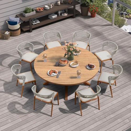 Miniatura 80 de PURPLE LEAF Juego de comedor redondo de 5 piezas de gran tamaño, marco de aluminio y mimbre de ratán para patio, mesa y sillas con cojines