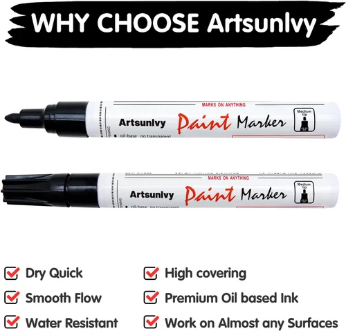Miniatura 6 de Artsunlvy Rotuladores de pintura permanentes, paquete de 2 marcadores impermeables a base de aceite blanco y negro para neumáticos, caucho, madera