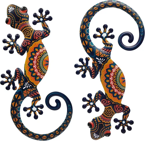 Miniatura 11 de LIFFY Arte Decorativo de Pared de Metal con Lagarto - Paquete de 2 Decoraciones de Pared de Metal de 15 Pulgadas, Escultura Colgante de Vidrio