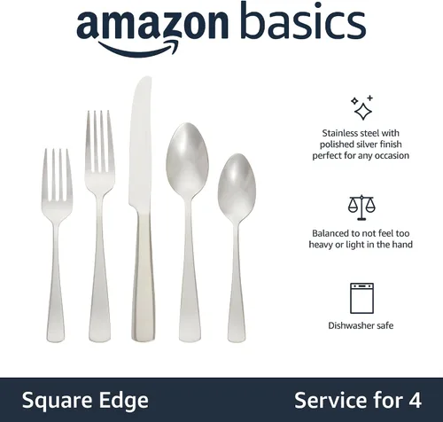 Miniatura 2 de Amazon Basics - Juego de cubiertos de acero inoxidable con borde cuadrado, 20 piezas, servicio para 4, plateado