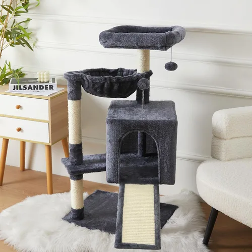 Miniatura 7 de Torre de árbol para gatos de 37 pulgadas con condominio para gatos de varios niveles, postes rascadores, cueva para gatos de 2 puertas, gris