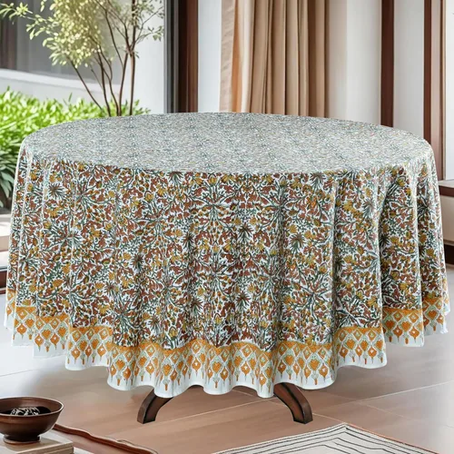Miniatura 11 de Ridhi Mantel redondo con estampado de bloque a mano, 100% algodón, reutilizable, color rosa flamenco, de 60 pulgadas, mantel decorativo para uso