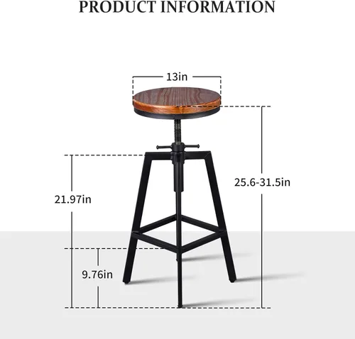 Miniatura 3 de Taburetes de bar industriales, silla de comedor de cocina, taburete de metal de madera, silla giratoria de altura ajustable, negro, juego de 2