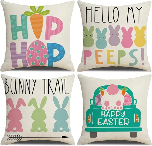 Hongsome - Juego de 4 fundas de almohada decorativas de Pascua de 18 x 18 pulgadas, de lino, con diseño de conejo y huevo, para sofá grande, sofá de