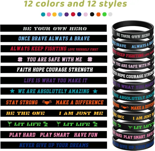 Miniatura 2 de ZIQON 12 piezas de pulseras de goma inspiradoras, pulseras de silicona con citas motivacionales, pulseras elásticas de colores, unisex