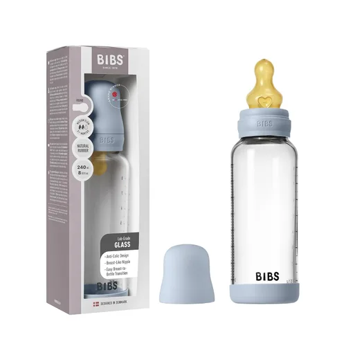 Miniatura 18 de BIBS Biberón de vidrio para bebé. Anticólico. Tetilla de látex de goma natural redonda. Respalda la lactancia natural, Juego completo - 225 ml, Azul