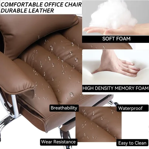 Miniatura 5 de Efomao Silla de oficina ejecutiva para personas pesadas, silla de respaldo alto con reposapiés, silla de oficina de piel sintética ajustable en Café