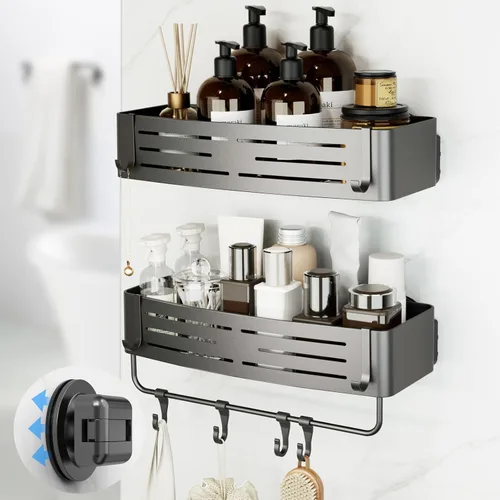 Miniatura 13 de Onemake Organizador de ducha con ventosa, estante de ducha de succión con ganchos portátiles, organizador de baño con barra de toalla