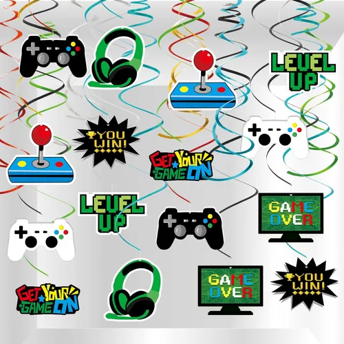 MIAHART 34 piezas de remolinos colgantes para fiestas de videojuegos, serpentinas de techo de aluminio para decoración de fiesta de cumpleaños
