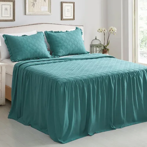 CHIXIN Colcha con falda con volantes, caída de 30 pulgadas de largo, ropa de cama estilo Shabby Chic, ligera, juego de 3 piezas, tamaño King, laguna