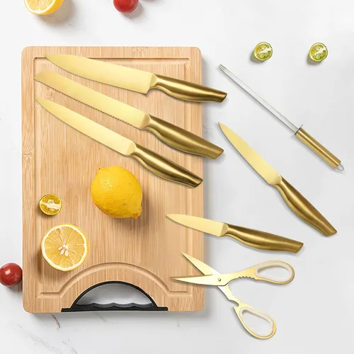 Miniatura 4 de Juego de cuchillos dorados, 8 piezas con revestimiento de titanio dorado apto para lavavajillas, juego de cuchillos de cocina de acero inoxidable