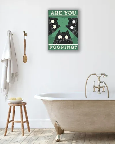 Miniatura 3 de UPWOIGH Decoración artística para pared de baño, arte divertido de pared con diseño de gato negro Are You Pooping, lienzo enmarcado de madera
